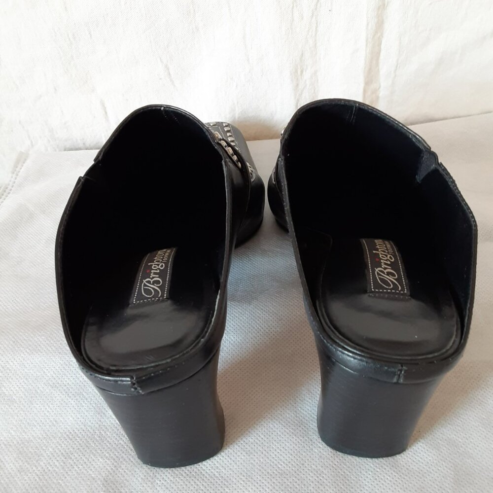 BRIGHTON BLACK LEATHER SLIP ON 2" HEELS SHOES SILVER BUCKLE TEMPE BRAZIL 7M - Picture 4 of 6